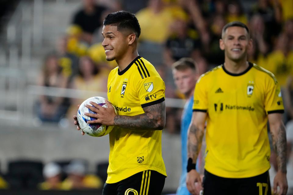 Jul 8, 2023; Columbus, Ohio, USA;  Columbus Crew forward Cucho Hernandez (9) reacts to being given his second yellow card of the match during the second half of the MLS soccer match against the New York City FC at Lower.com Field. The Crew tied 1-1.