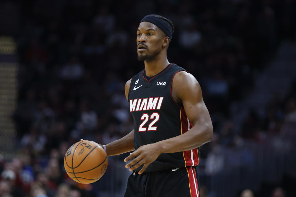 Miami Heat forward Jimmy Butler plays against the Cleveland Cavaliers during the second half of an NBA basketball game, Tuesday, Jan. 31, 2023, in Cleveland. (AP Photo/Ron Schwane)