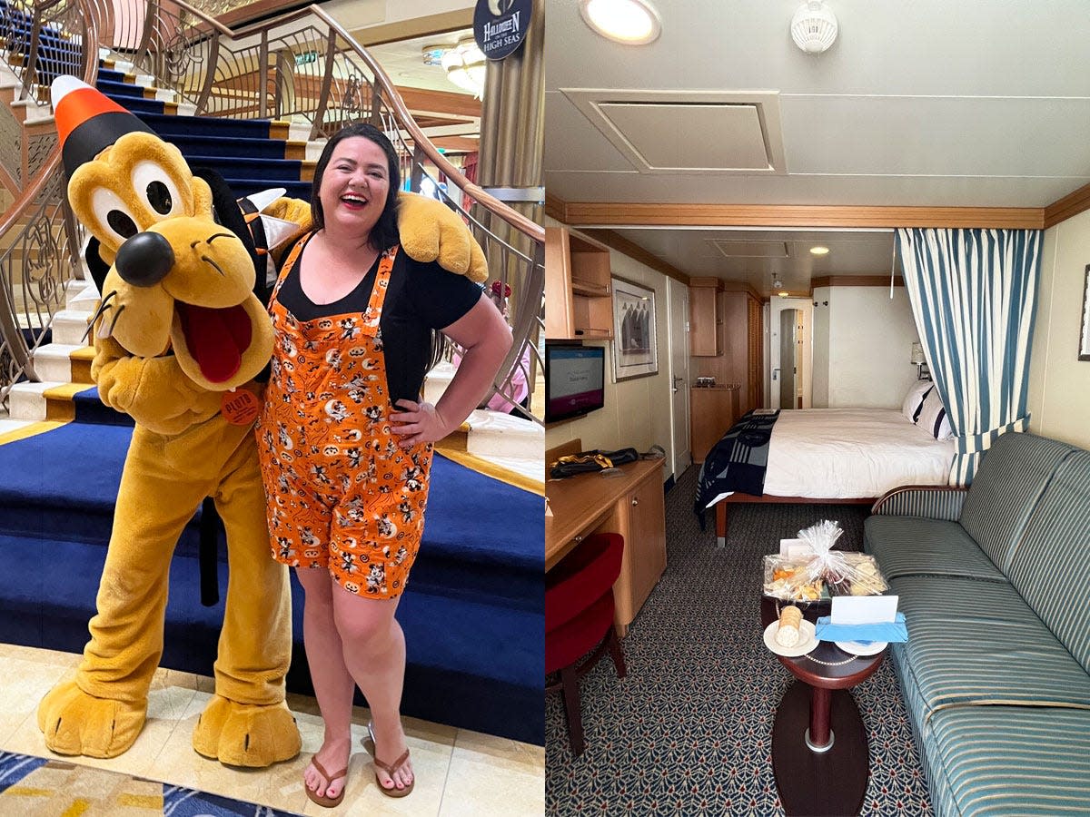 Megan duBois with goofy (left), stateroom on disney dream right