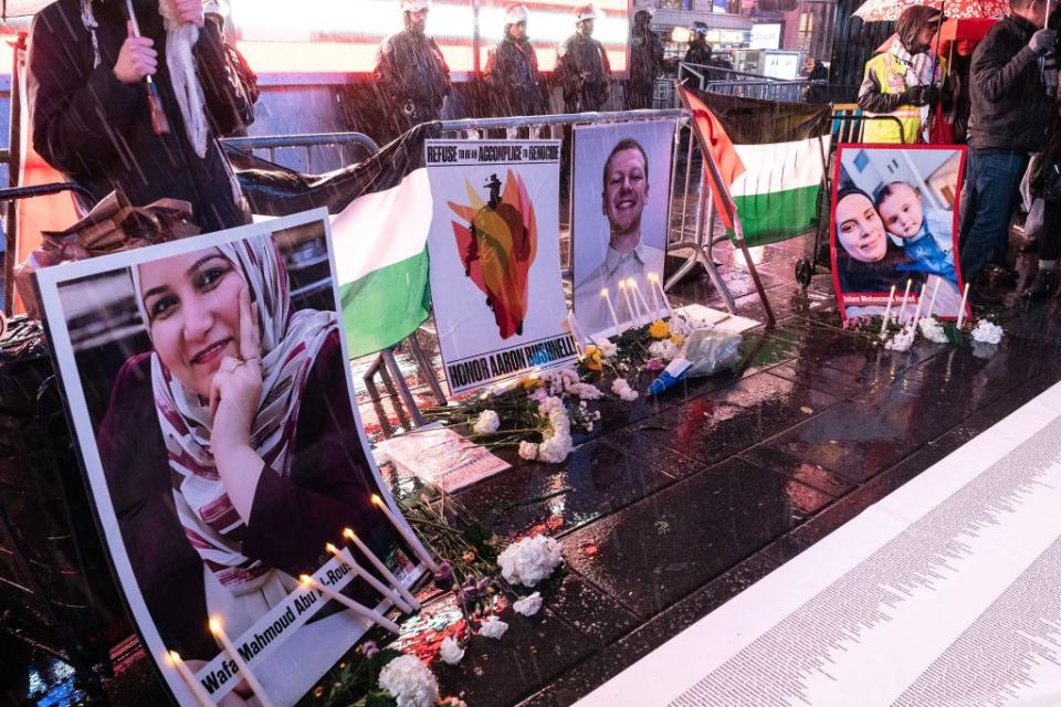 A vigil for Aaron Bushnell was created in Times Square. Lev Radin/Pacific Press/Shutterstock