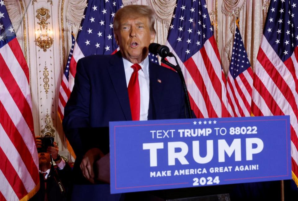 Former U.S. President Donald Trump announces that he will once again run for U.S. president in the 2024 U.S. presidential election during an event at his Mar-a-Lago estate in Palm Beach, Florida, U.S. November 15, 2022 (REUTERS)