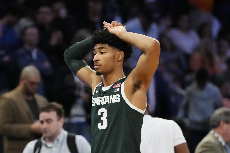 Michigan State guard Jaden Akins reacts after the team lost to Kansas State in overtime of a Sweet 16 college basketball game in the East Regional of the NCAA tournament at Madison Square Garden, Thursday, March 23, 2023, in New York. (AP Photo/Frank Franklin II)