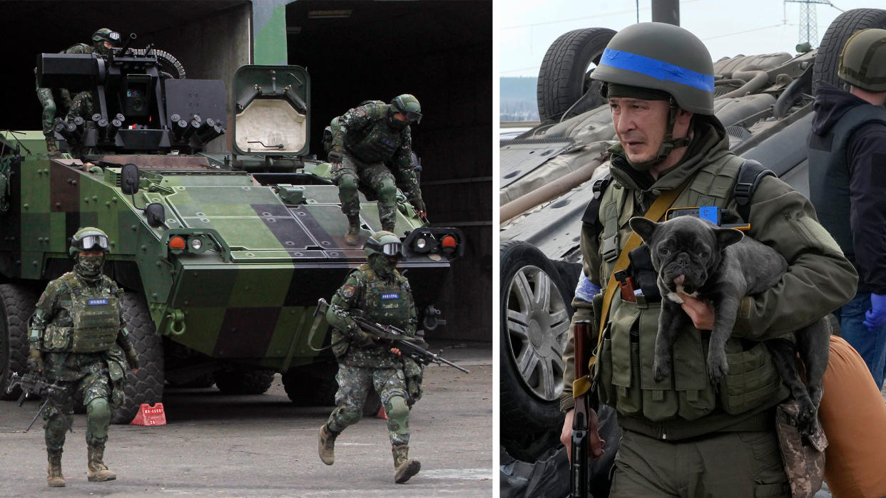 Composite image of soldiers in a military drill in Taiwan and a Ukrainian serviceman holding a dog. (PHOTOS: AP)