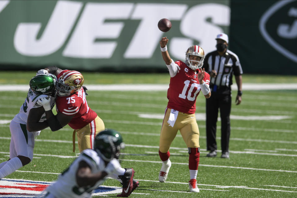 San Francisco 49ers quarterback Jimmy Garoppolo (10) throws a pass during the first half of an NFL football game against the New York Jets, Sunday, Sept. 20, 2020, in East Rutherford, N.J. (AP Photo/Bill Kostroun)