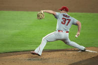 Los Angeles Angels starting pitcher Dylan Bundy throws against the Seattle Mariners during the third inning of a baseball game, Thursday, Aug. 6, 2020, in Seattle. (AP Photo/Ted S. Warren)