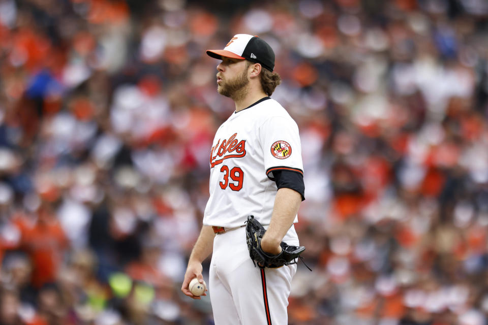 Orioles starting pitcher Corbin Burnes (39) exhales prior to throwing during the first inning of a baseball game against the Los Angeles Angels, Thursday, March 28, 2024, in Baltimore. (AP Photo/Julia Nikhinson)