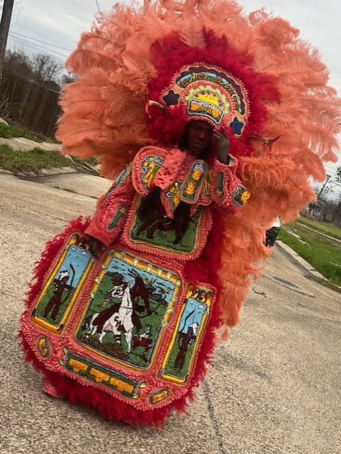 The Comanche Hunters Mardi Gras Indian Gang parades on Tuesday, Feb. 13, 2024. (WGNO/LBJ)