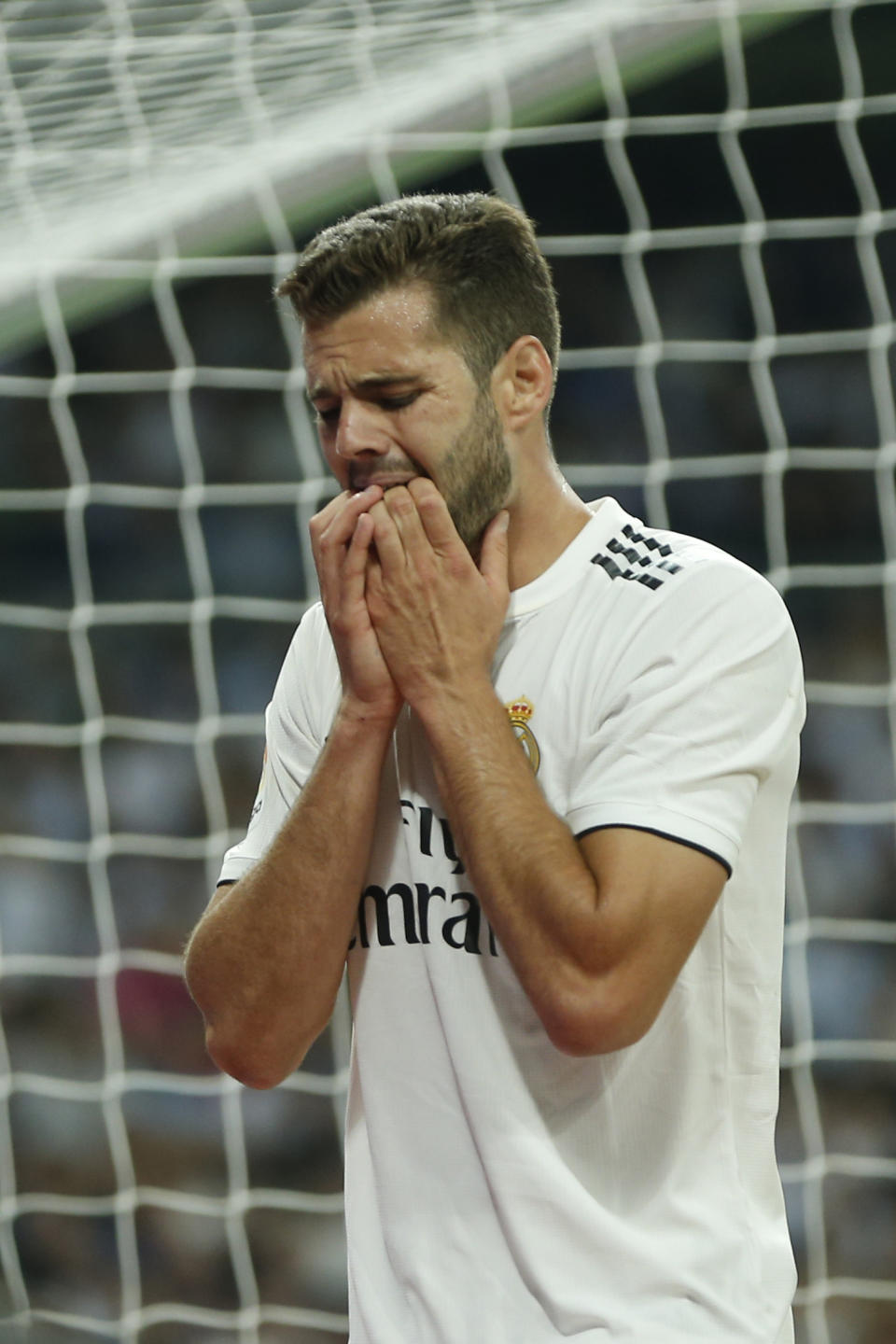 Real Madrid's Nacho Fernandez gestures during a Spanish La Liga soccer match between Real Madrid and Atletico Madrid at the Santiago Bernabeu stadium in Madrid, Spain, Saturday, Sept. 29, 2018. The match ended in a 0-0 draw. (AP Photo/Paul White)