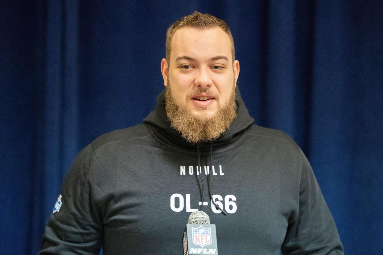 North Dakota State offensive lineman Jalen Sundell talks to the media during the 2024 NFL Combine on March 2 in Indianapolis.