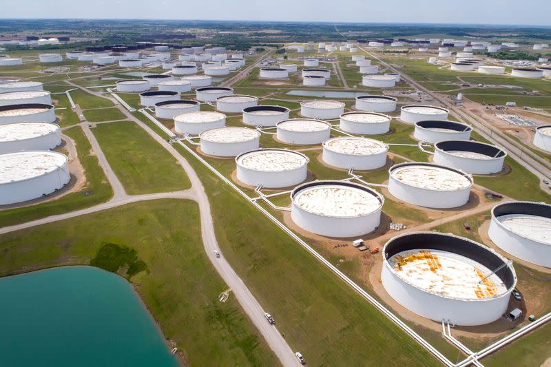 FILE PHOTO: Crude oil storage tanks are seen in an aerial photograph at the Cushing oil hub