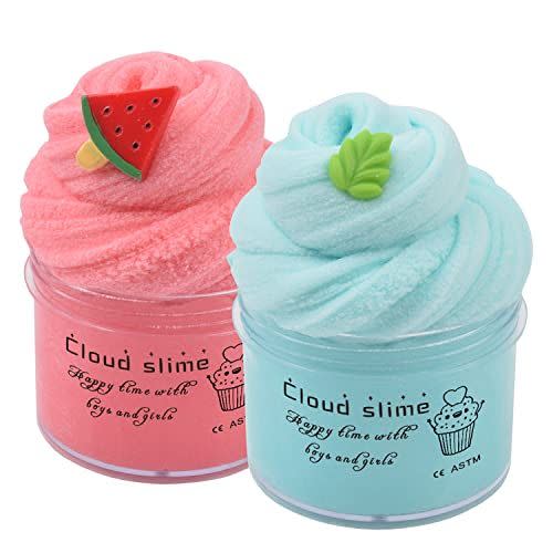 4) 2 Pack Cloud Slime Kit with Red Watermelon and Mint Charms, Scented DIY Slime Supplies for Girls and Boys, Stress Relief Toy for Kids Education, Party Favor, Gift and Birthday