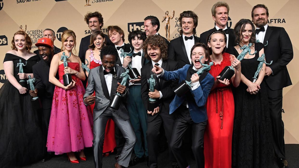 LOS ANGELES, CA - JANUARY 29:  'Stranger Things,' cast members, recipients of the Outstanding Performance by an Ensemble in a Drama Series award, pose in the press room during The 23rd Annual Screen Actors Guild Awards at The Shrine Auditorium on January 29, 2017 in Los Angeles, California.