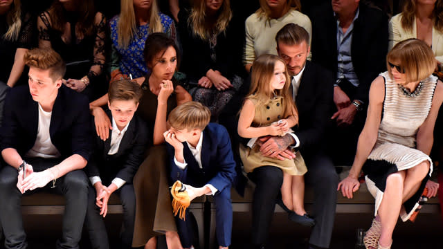 Harper Beckham could not look any more angelic. The 3-year-old daughter of David and Victoria Beckham stole all of the attention at the Burberry's "London in Los Angeles" fashion show on Thursday night. If you just want to pitch her cheeks, you're not alone. As she sits on her dad’s knee, she looks absolutely adorable in a beige dress with big buttons. <strong> PHOTOS: Stars and Their Adorable Tots </strong> Even <em>Vogue's </em>Anna Wintour's serious gaze looks softened as she can’t help but look at how cute Harper is through her classic shades. <strong> NEWS: Brooklyn Beckham's First Official Fashion Campaign </strong> This fashion show was truly a family event as Harper was also joined by big brothers Brooklyn, 16, Romeo, 12, and Cruz, 10. Romeo is no stranger to Burberry as he showed off his dance moves in their ads last November. Could little Harper be their next face? See how Romeo shined in the ad campaign below.