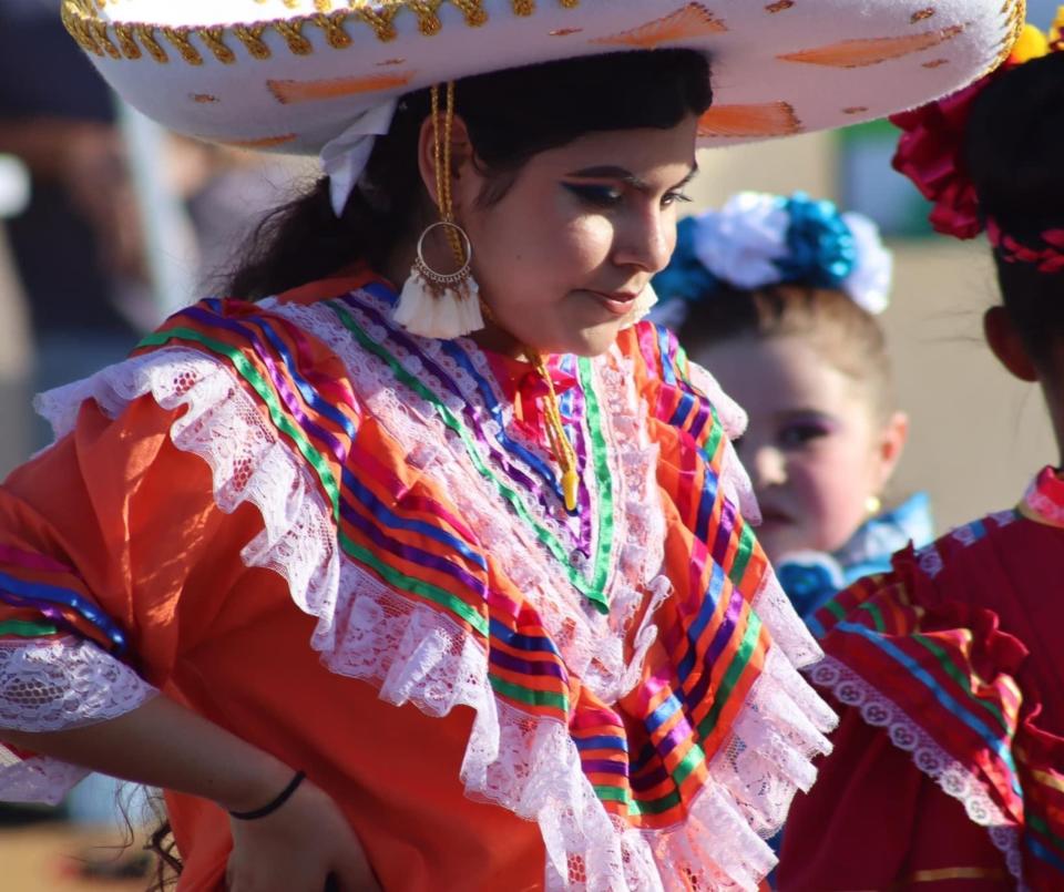 Lisbeth, 21, joined Escuela De La Raza Unida’s ballet folklorico group last year while a student at Palo Verde Community College. She is performing here in last year’s Cinco de Mayo Fiesta sponsored by the Blythe Chamber of Commerce.