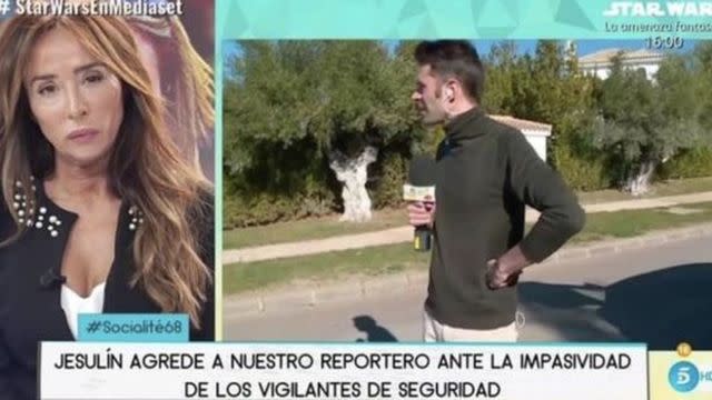 María Patiño, presentadora de ‘Socialité’, junto con el reportero supuestamente agredido (GTres).