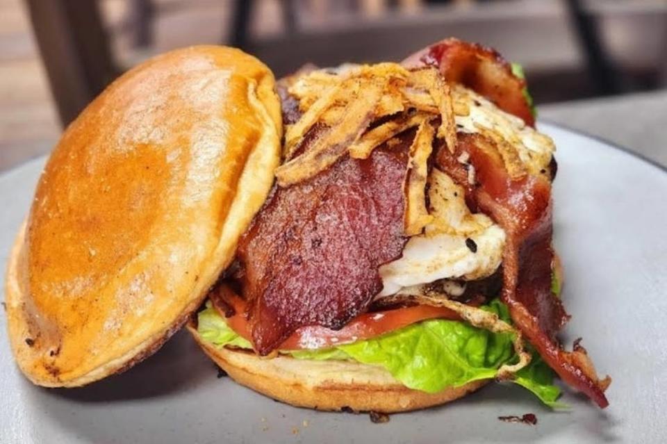 A “hangover burger” at Bulldogs Bar and Grill at 3750 Bloomfield Village Drive in Macon.