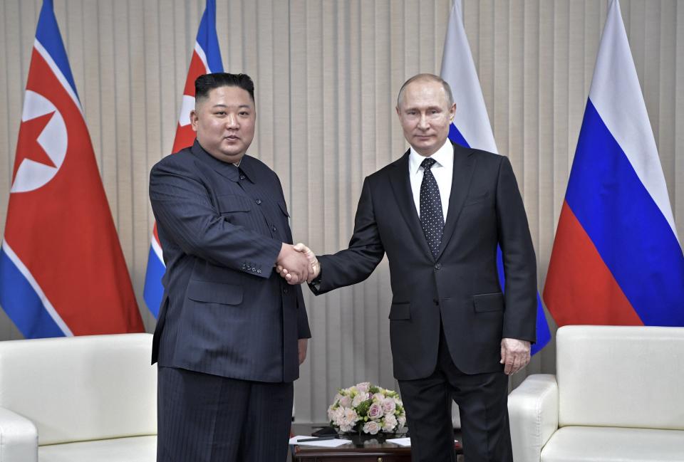 Russian President Vladimir Putin, right, and North Korea's leader Kim Jong Un posing for a photo prior to their talks in Vladivostok, Russia, Thursday, April 25, 2019. Putin and Kim are set to have one-on-one meeting at the Far Eastern State University on the Russky Island across a bridge from Vladivostok. The meeting will be followed by broader talks involving officials from both sides. (Alexei Nikolsky, Sputnik, Kremlin Pool Photo via AP)
