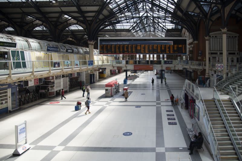 Liverpool Street Station in London is almost deserted amid the coronavirus pandemic. Source: Sipa