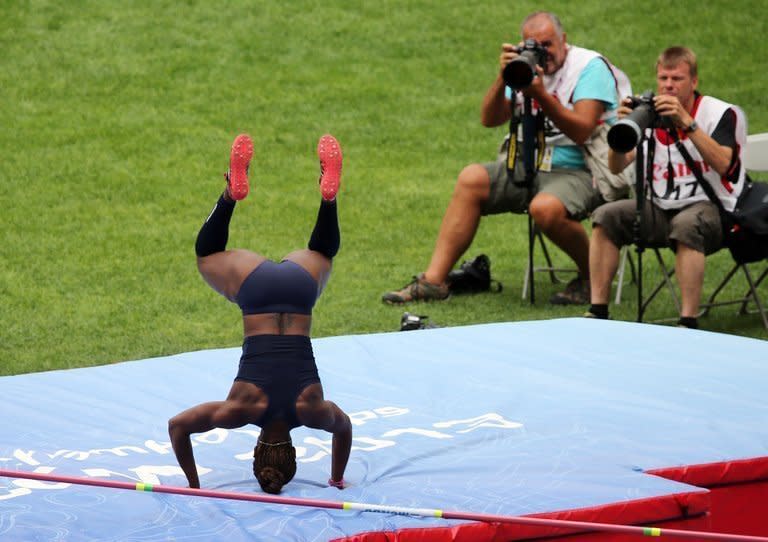 France's Antoinette Nana Djimou Ida competes during the heptathlon high jump event at the World Athletics Championships at the Luzhniki stadium in Moscow, on August 12, 2013