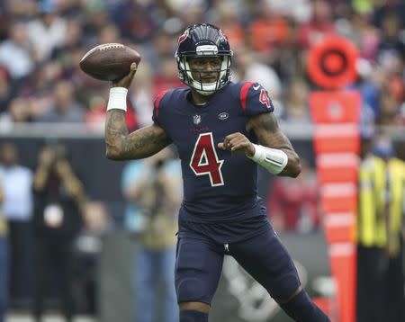 Dec 2, 2018; Houston, TX, USA; Houston Texans quarterback Deshaun Watson (4) attempts a pass during the second quarter against the Cleveland Browns at NRG Stadium. Mandatory Credit: Troy Taormina-USA TODAY Sports