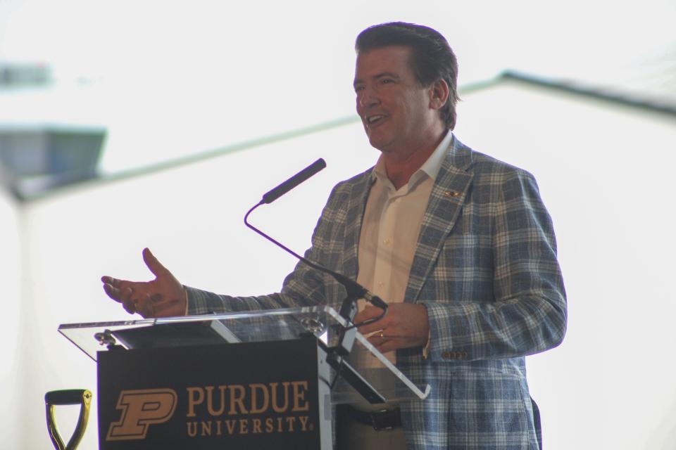 Stan Little, CEO of Southern Airways speaks during the Purdue University airport's groundbreaking event for the new Amelia Earhart Terminal and inaugural flight of Southern Airways's new Purdue-themed aircraft, on Tuesday, May 14, 2024, in West Lafayette, Ind.