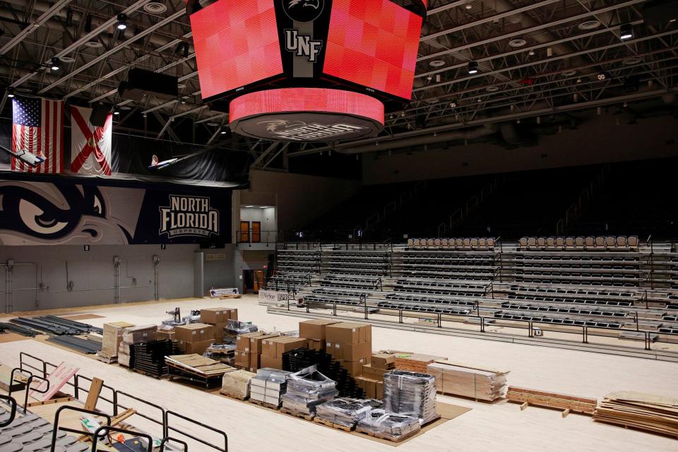 Materials are stacked on the court at the University of North Florida's UNF Arena during renovations of the nearly 30-year-old arena.