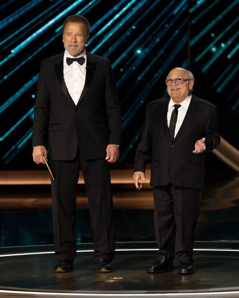 Arnold Schwarzenegger and Danny DeVito at the 2024 Oscars. DISNEY via Getty Images