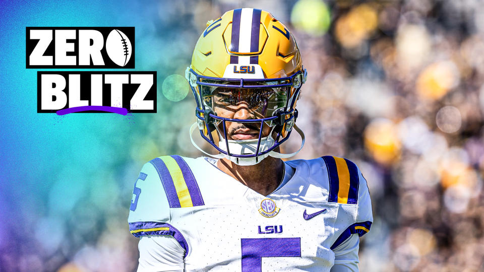 COLUMBIA, MISSOURI - OCTOBER 7: Jayden Daniels #5 of the LSU Tigers warms up during a timeout against the Missouri Tigers at Faurot Field/Memorial Stadium on October 7, 2023 in Columbia, Missouri. (Photo by Michael Hickey/Getty Images)