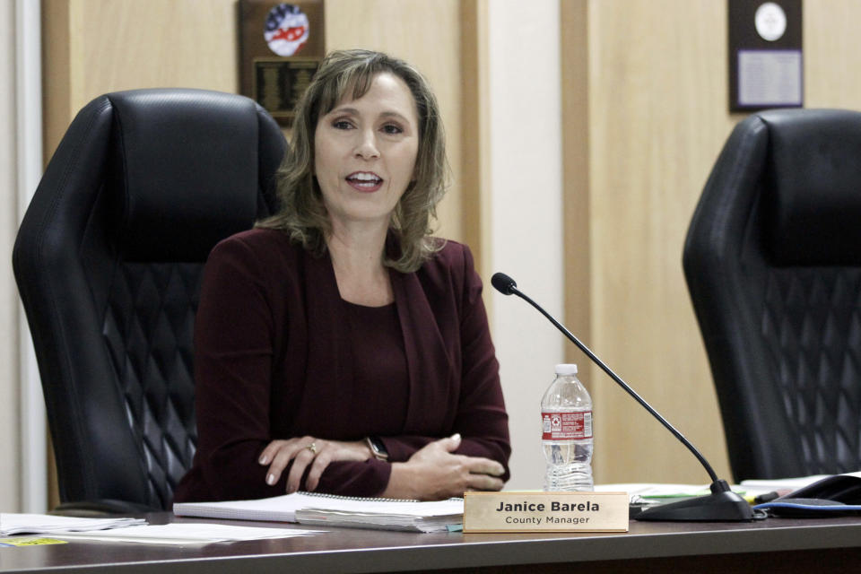 Torrance County Manager Janice Barela speaks at a meeting of the board of county commissioners in Estancia, N.M., on Wednesday, Sept. 14 , 2022. “I’m kind of pioneering this, and I’m sure I’m not going to be perfect in it, but I can tell you that I’m trying,” said Barela, the county manager overseeing the recount. “How do you know if it’s the hand tally that’s right? How do you know if it’s a tabulator that’s right? … What I’d like to see in all of this is the election process work.” (AP Photo/Morgan Lee)