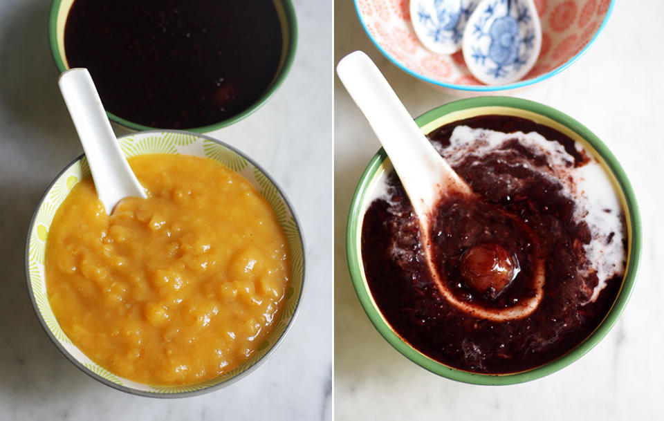 It may not look much but one spoonful of this 'mak chuk' with its creamy texture and fragrant 'gula Melaka' flavour will have you asking for seconds (left). 'Pulut hitam' fans can enjoy this lovely version made from Thai glutinous rice, dried longans and laced with salted 'santan' (right).