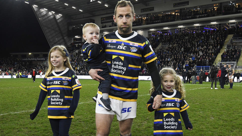 Rob Burrow, pictured here with his children after the Jamie Jones-Buchanan testimonial. 