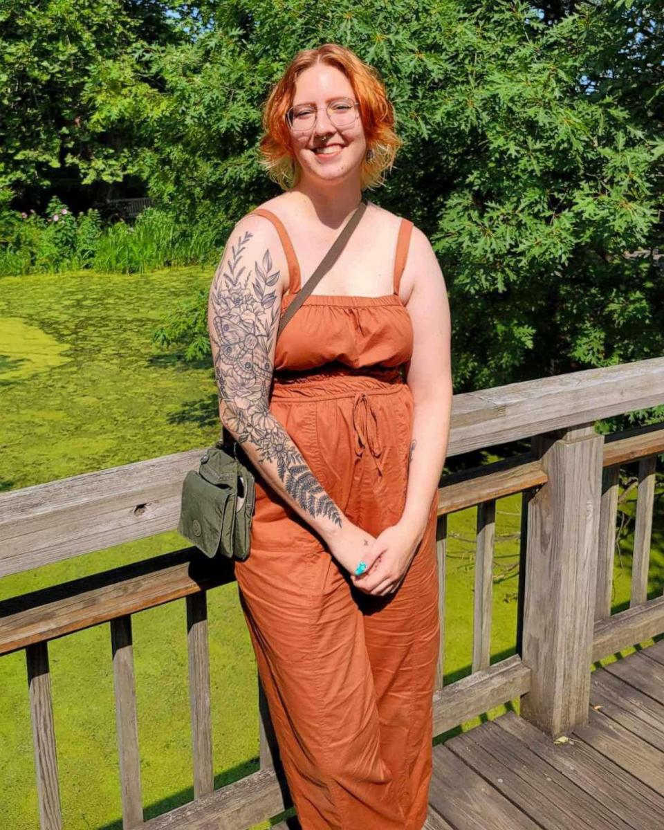 PHOTO: Jessica Zimny stands on a bridge above a pond at Olbrich Botanical Gardens in Madison, Wisconsin, on July 31, 2023. (Courtesy Jessica Zimny)