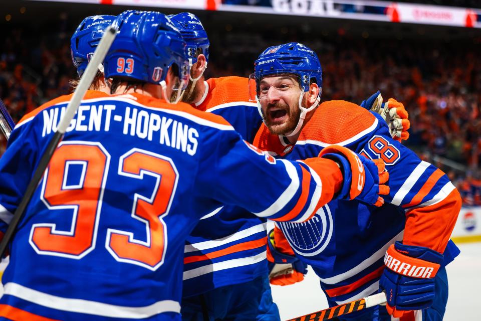 Jun 21, 2024; Edmonton, Alberta, CAN; Edmonton Oilers left wing Zach Hyman (18) celebrates his goal with teammates against the Florida Panthers during the second period in game six of the 2024 Stanley Cup Final at Rogers Place. Mandatory Credit: Sergei Belski-USA TODAY Sports