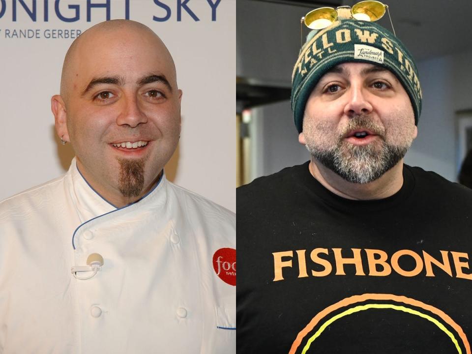 On the left, Duff Goldman in a white baker's outfit. On the right, him in a black shirt and beanie.