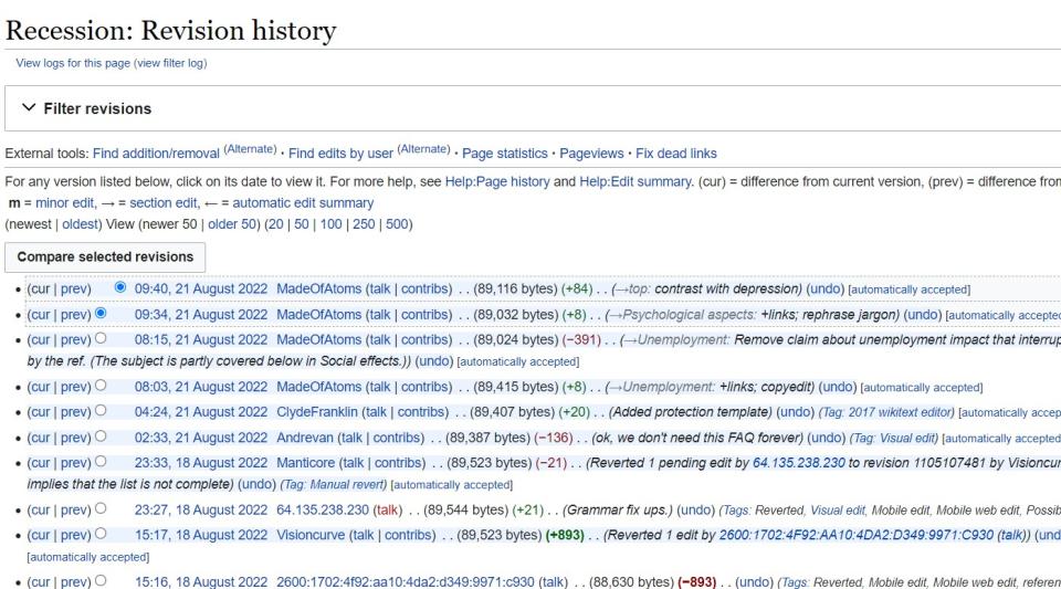 近期維基百科上「衰退」一詞被許多用戶修改。   圖：翻攝自維基百科