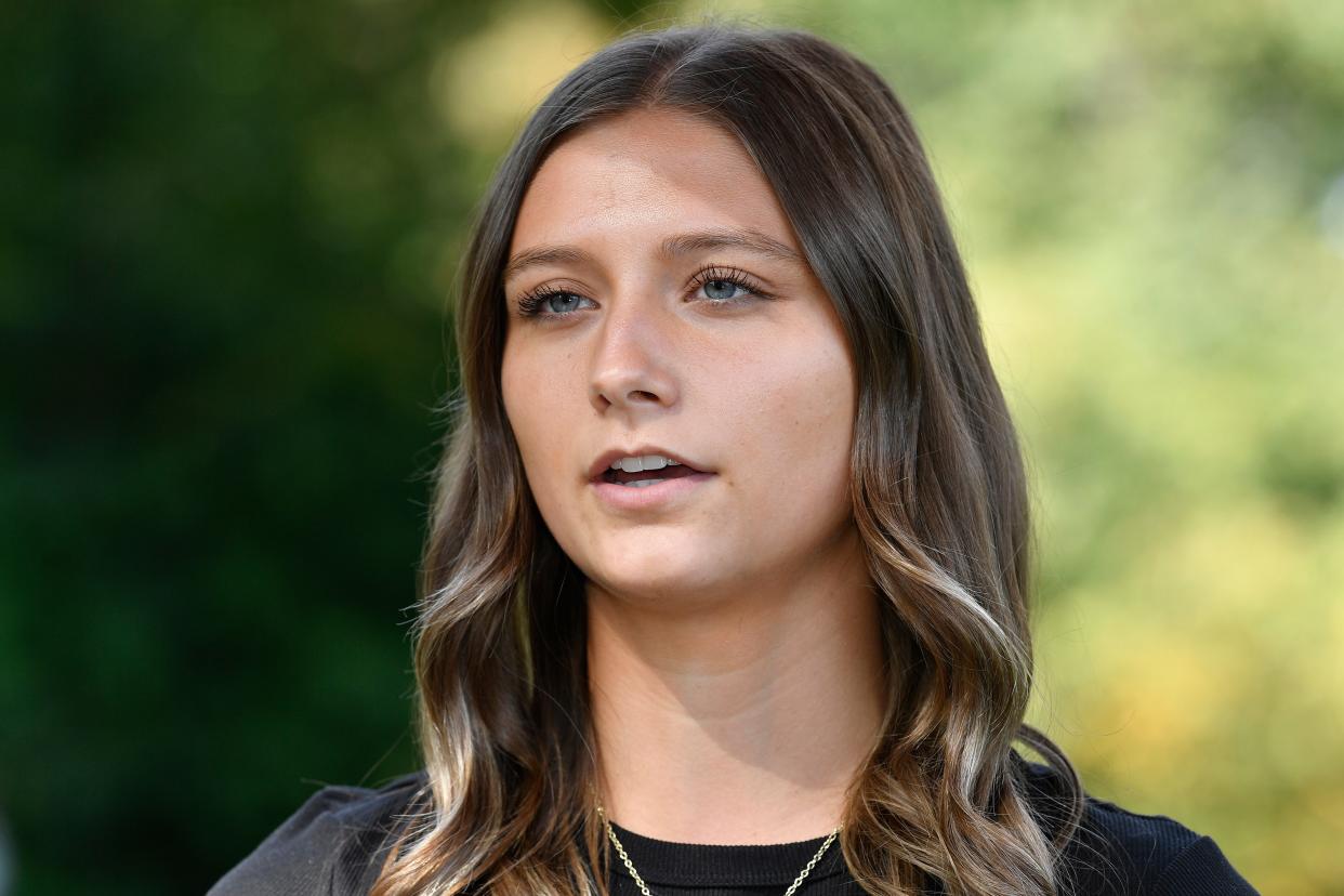 FILE - Hadley Duvall answers questions from a reporter during an interview in Versailles, Ky., Wednesday, Sept. 20, 2023. Duvall is featured in a campaign ad attacking Republican Daniel Cameron's long-held position on the abortion issue. (AP Photo/Timothy D. Easley)