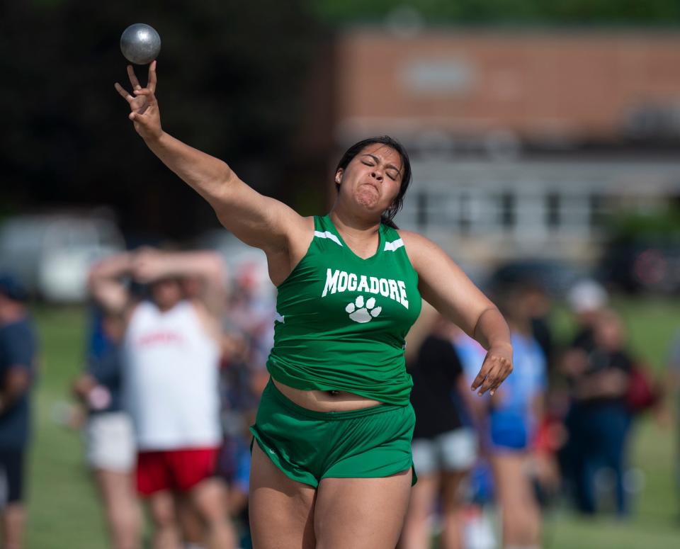 Region 9 Division III preliminary and field event finals hosted by Perry High School in Massillon on Wedneday, May 25. Mogadore's Brooklyn Beckford throws shot put.