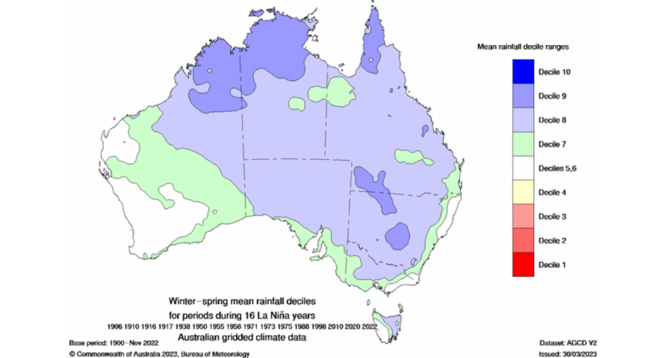 Map of Australia showing the mean winter–spring rainfall during La Niña years.