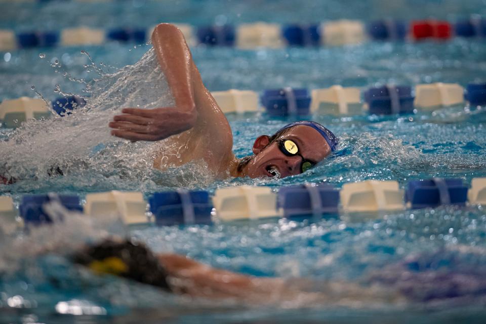 Seaman's Jeremiah Moylan competes in the 500yd freestyle during the Boys Centennial League Championship Thursday Feb. 10, 2022, at Capital Federal Natatorium in Topeka, Kan.