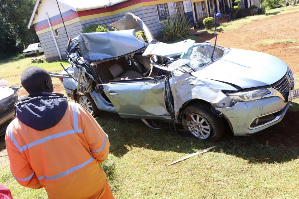 The wreckage of the vehicle in which world marathon record holder Kelvin Kiptum and his Rwandese coach, Garvais Hakizimana, were traveling in before they were involved Sunday night in a fatal road crash, is brought at Kaptabat police station, near Eldoret, Kenya, Monday, Feb. 12, 2024. According to Kenyan police, Kiptum was driving the sedan when he lost control and crashed along a road in Uasin Gishu county on their way to his training camp in Kapsabet, western Kenya, killing him and Hakizimana on the spot. (AP Photo)