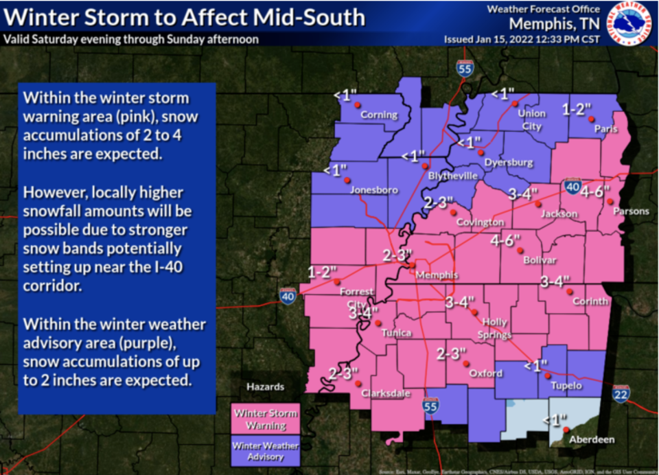 Winter Storm Warning issued for north Mississippi beginning at 9 p.m. Saturday, Jan. 15, 2022. Snow accumulation between 2-4 inches is expected.