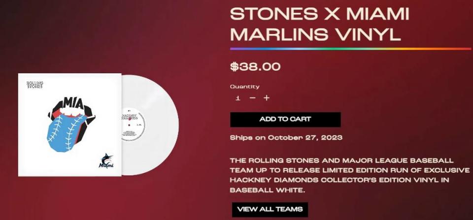 The Rolling Stones’ ”Hackney Diamonds” Major League Baseball team up release of vinyl versions of its 2023 album feature logos of the 30 MLB teams. The Miami Marlins version includes the team’s logo in the lower right corner and MIA in lettering as part of the rock group’s iconic lips and tongue logo.