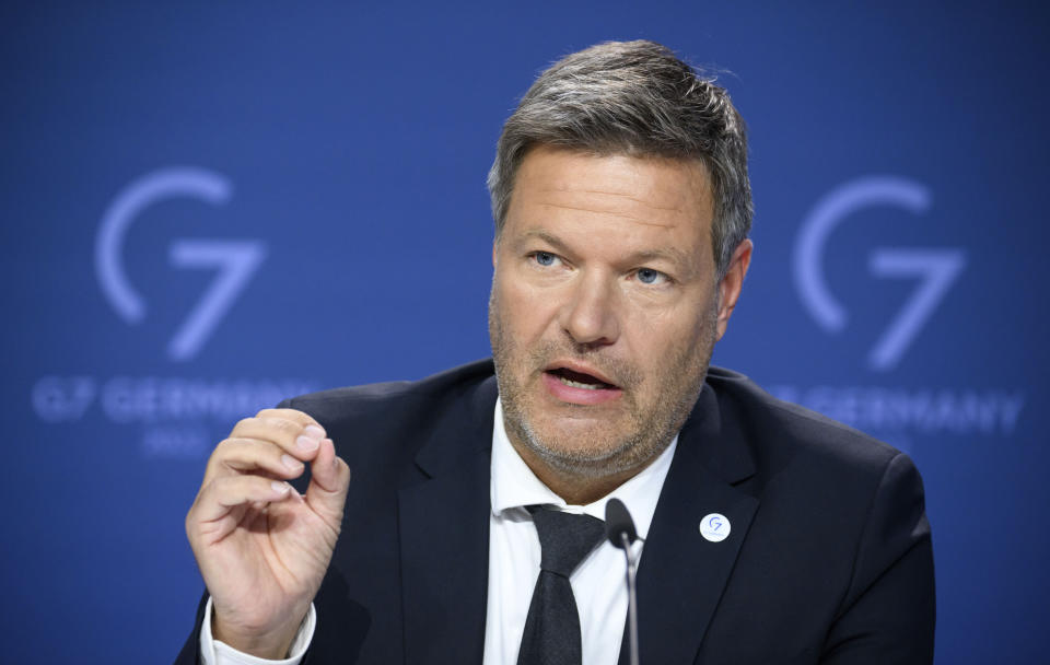 German Economy and Climate Minister Robert Habeck speaks during the closing press conference of the meeting of the G7 Ministers for Climate, Energy and Environment in Berlin, Germany, Monday, May. 27, 2022. (Bernd von Jutrczenka/dpa via AP)