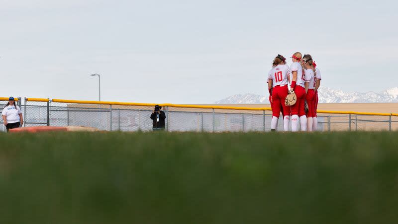 Mountain Ridge plays Bingham in a high school softball game at Mountain Ridge High School in Herriman on Tuesday, April 16, 2024.