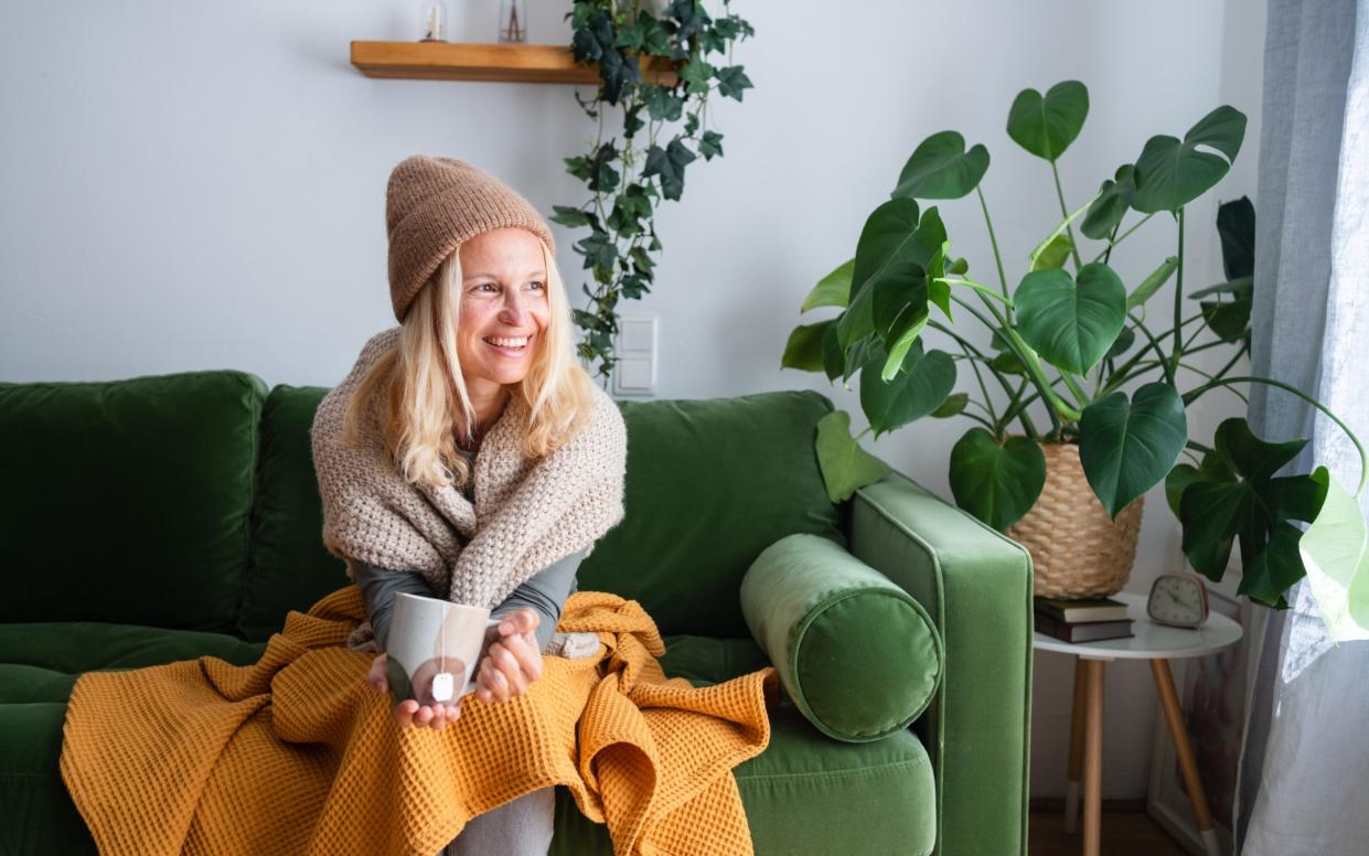 Woman in warm clothes holding tea while sitting on sofa