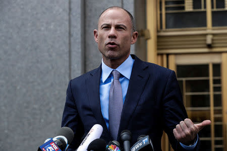 Michael Avenatti, attorney for Stormy Daniels, is pictured outside the Manhattan Federal Court in New York City, New York, U.S., April 13, 2018. REUTERS/Jeenah Moon