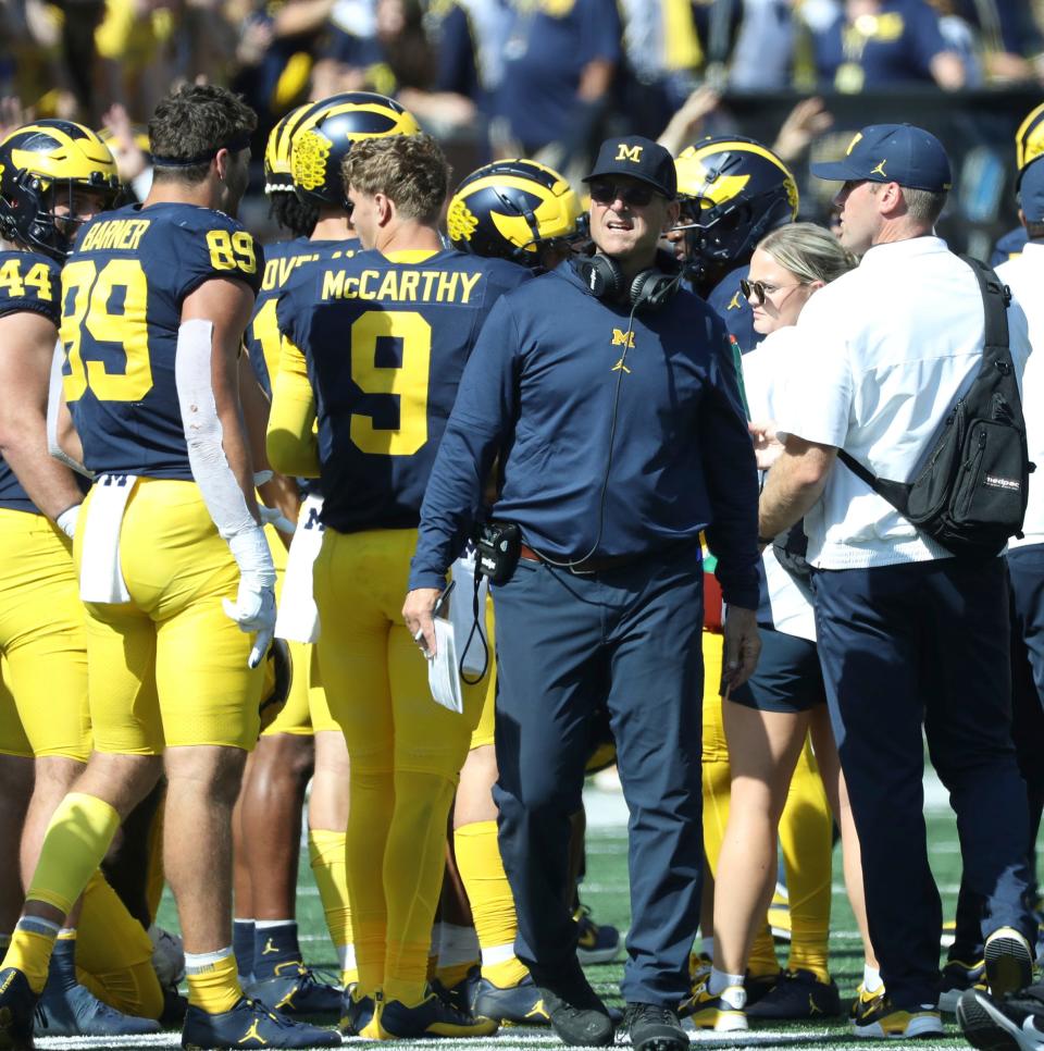 Michigan coach Jim Harbaugh on the sidelines during the second half of Michigan's 31-7 win on Saturday, Sept. 23 2023, in Ann Arbor.