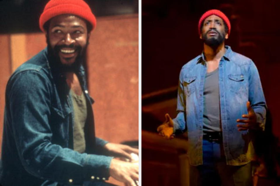 On the left, soul singer and songwriter Marvin Gaye plays at Golden West Studios in 1973 with Bryan Terrell Clark as Marvin Gaye in Motown: The Musical on Broadway. Costume designer: Esosa
