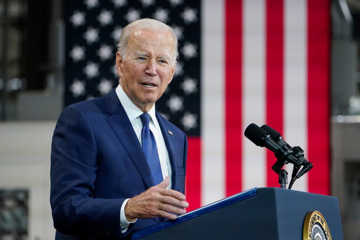 FILE - President Joe Biden speaks at the Volvo Group Powertrain Operations in Hagerstown, Md., Friday, Oct. 7, 2022. 