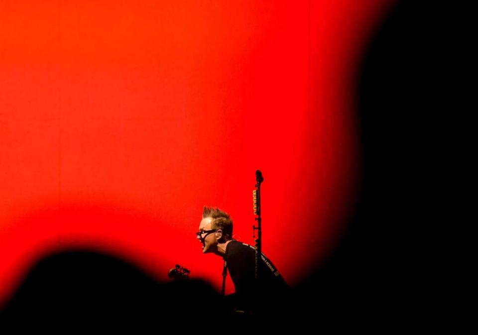 Band member Mark Hoppus of Blink 182 performs during a concert at the Spectrum Center arena on Friday, July 14, 2023, as part of the band’s world tour.